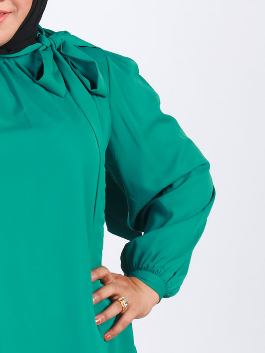 Plus Size Tie-Neck Gathered Flare Blouse in Green