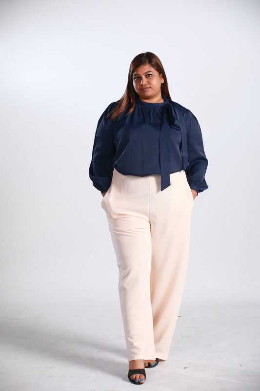 Plus Size Tie-Neck Gathered Flare Blouse in Navy