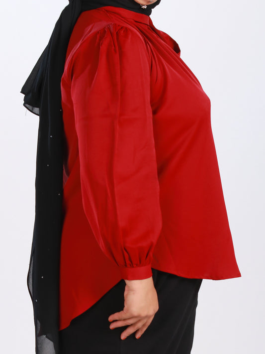 Plus Size Tie-Neck Gathered Flare Blouse in Red