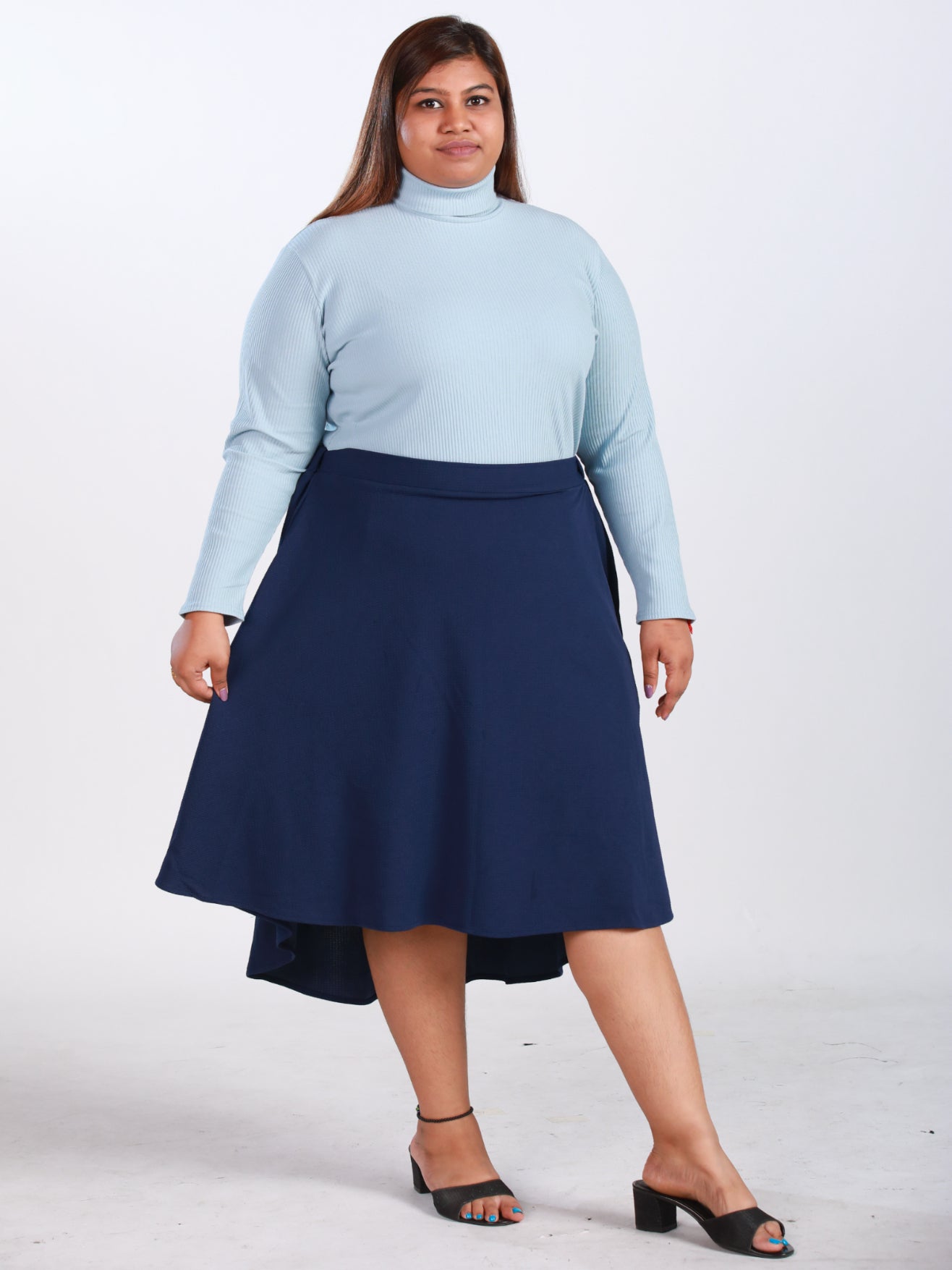 Plus Size High-Low Flare Skirt in Navy