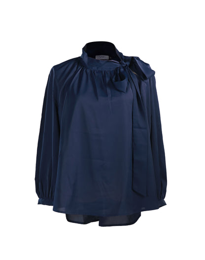 Plus Size Tie-Neck Gathered Flare Blouse in Navy