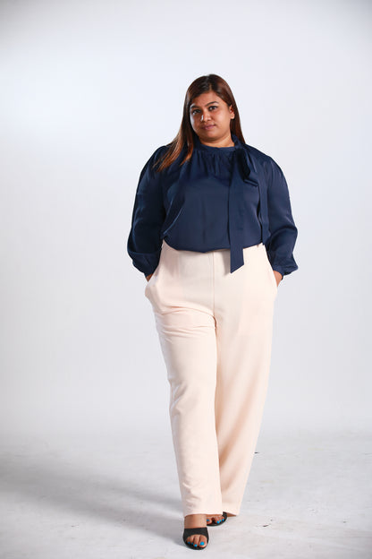 Plus Size Tie-Neck Gathered Flare Blouse in Navy