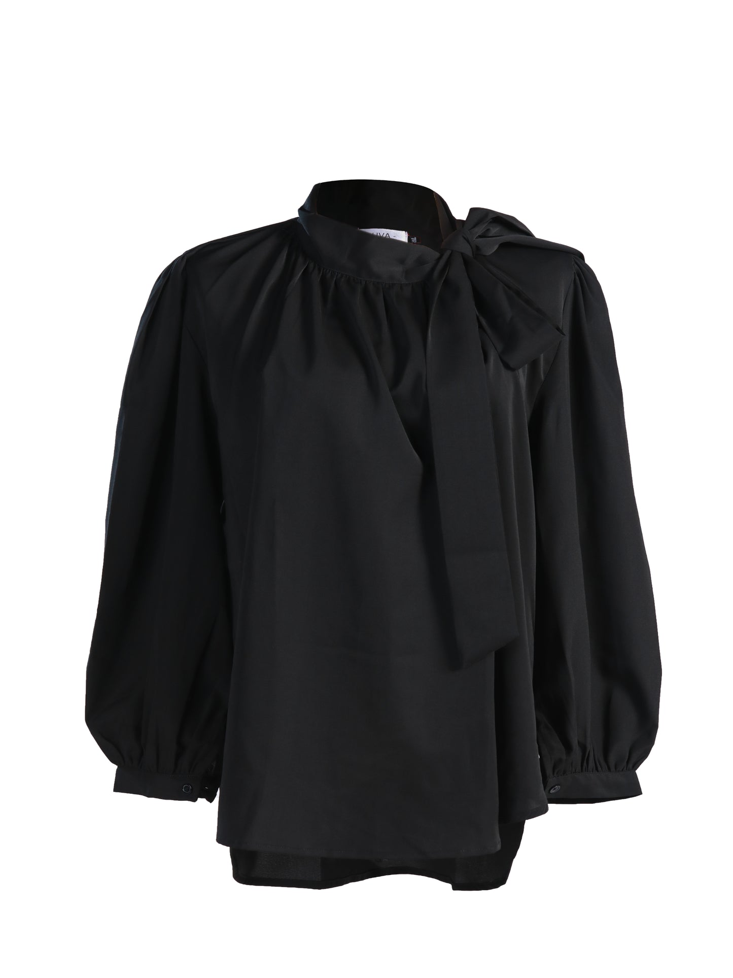 Plus Size Tie-Neck Gathered Flare Blouse in Black
