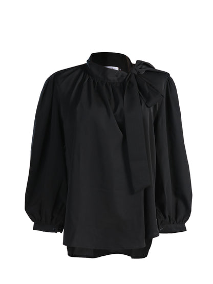 Plus Size Tie-Neck Gathered Flare Blouse in Black