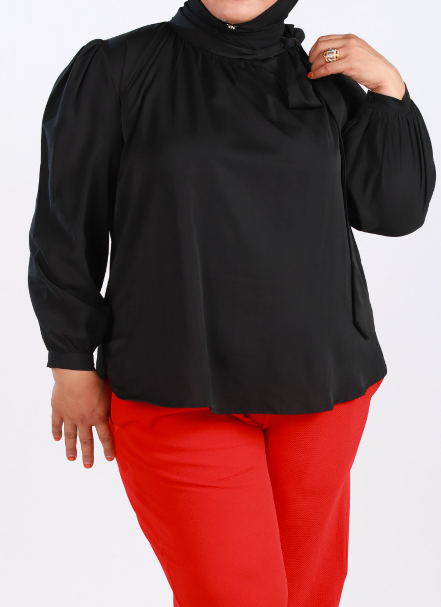 Plus Size Tie-Neck Gathered Flare Blouse in Black