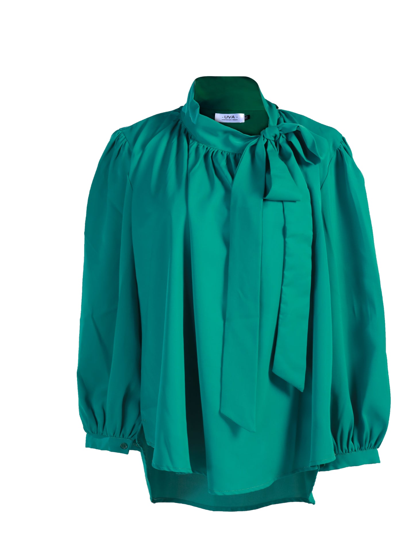 Plus Size Tie-Neck Gathered Flare Blouse in Green