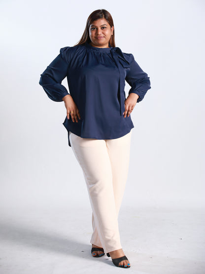 Plus Size Tie-Neck Gathered Flare Blouse in Navy