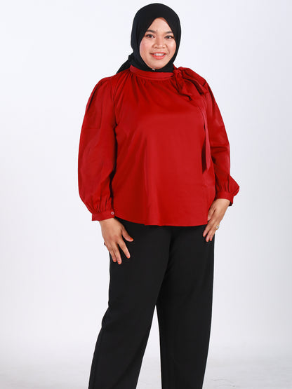 Plus Size Tie-Neck Gathered Flare Blouse in Red
